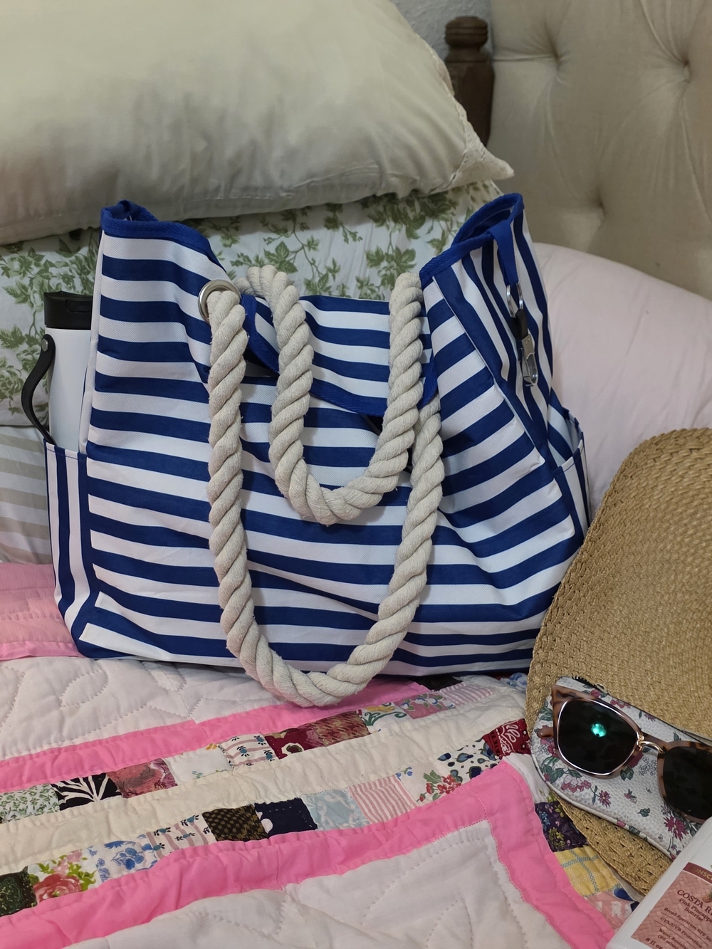 Striped Rope-Handle Beach Tote Bag in Blue and White For Pool, Beach Or Cruise